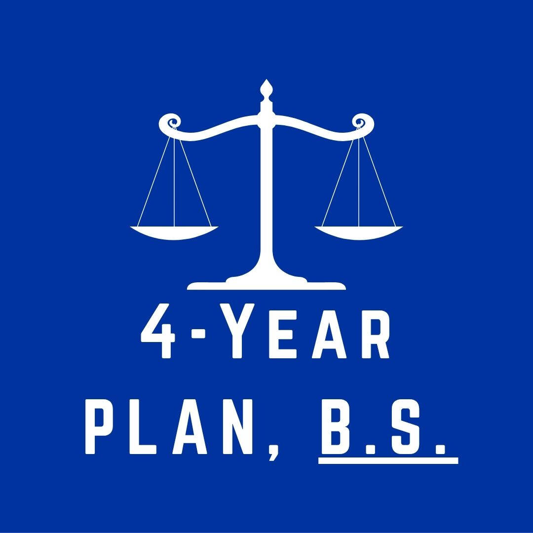 blue logo for legal studies major, image is a drawing of scales of justice above text that reads "first year plan B S"